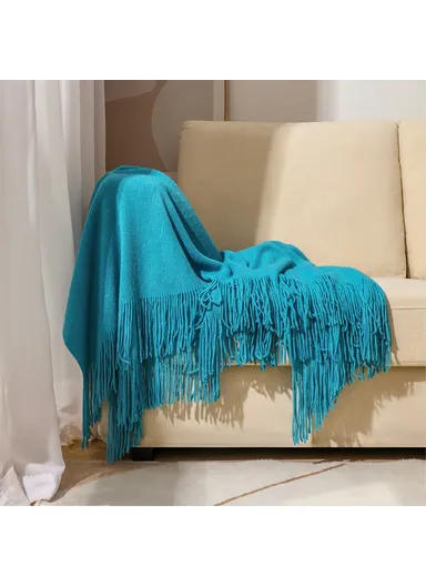 127x180cm Multifunctional Throw Blanket Soft Knitted Bed Blanket with Tassel Design JB015 - Peacock Blue
