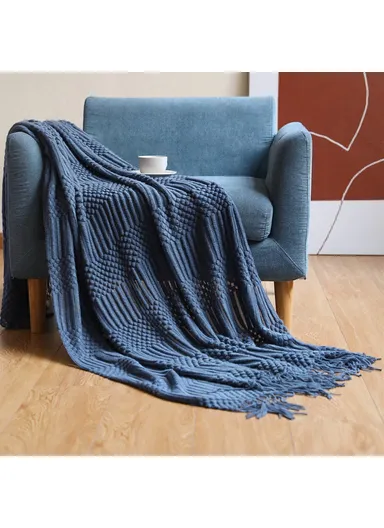 130x220cm Couch Throw Blanket Acrylic Fiber Decorative Knitted Nap Blanket JB012 - Navy Blue