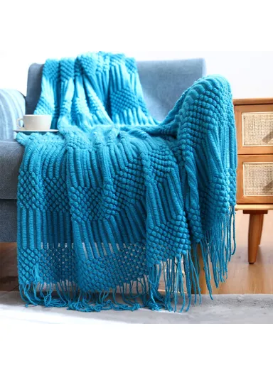 130x220cm Couch Throw Blanket Acrylic Fiber Decorative Knitted Nap Blanket JB012 - Peacock Blue