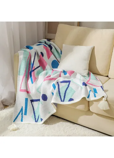 130x200cm Bohemian Knitted Throw Blankets Decorative Ethnic Air Conditioning Blanket HJ007 - Geometry+Blue Pink