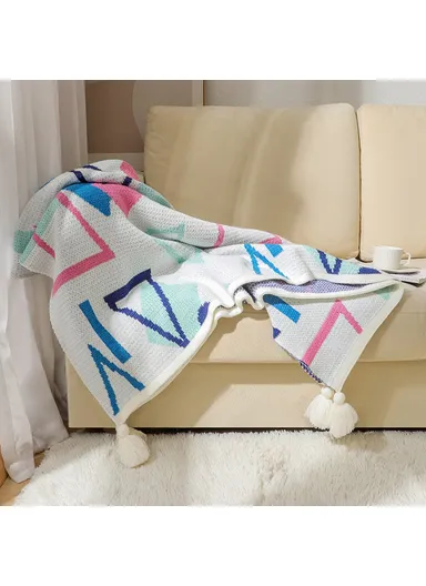 130x200cm Bohemian Knitted Throw Blankets Decorative Ethnic Air Conditioning Blanket HJ007 - Geometry+Blue Pink