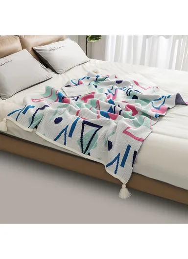 130x200cm Bohemian Knitted Throw Blankets Decorative Ethnic Air Conditioning Blanket HJ007 - Geometry+Blue Pink