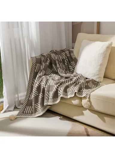 130x200cm Bohemian Knitted Throw Blankets Decorative Ethnic Air Conditioning Blanket HJ007 - Twill+Beige Brown