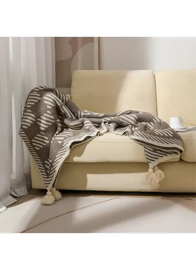130x200cm Bohemian Knitted Throw Blankets Decorative Ethnic Air Conditioning Blanket HJ007 - Twill+Beige Brown