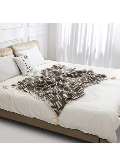130x200cm Bohemian Knitted Throw Blankets Decorative Ethnic Air Conditioning Blanket HJ007 - Twill+Beige Brown