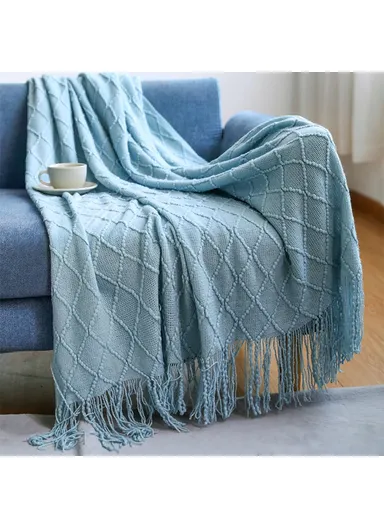 130x230cm Couch Throw Blanket Rhombus Texture Summer Thin Knitted Blanket JB014 - Lake Blue