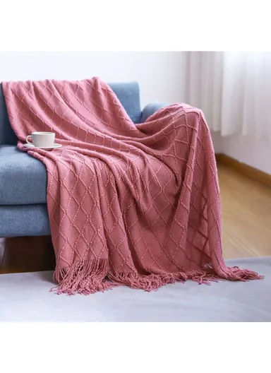 150x230cm Couch Knitted Blanket Soft Rhombus Pattern Decorative Throw Blanket JB014 - Rose