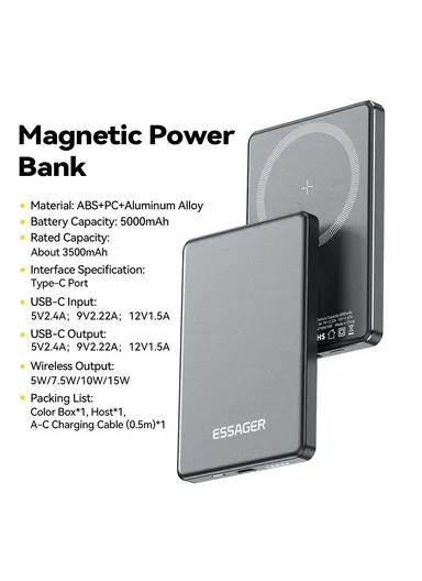 5000mAh Magnetic Power Bank Ultra Slim Wireless Charging Battery Pack (L10 x W7)cm - Dark Grey