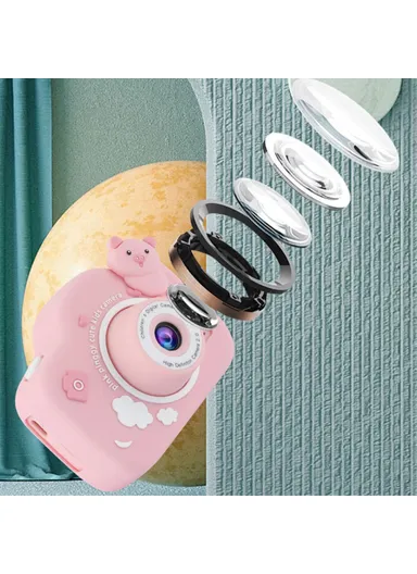 Cartoon Pig 2.0 inch Screen Kids Rechargeable HD Dual Lens Digital Camera Toy - Blue