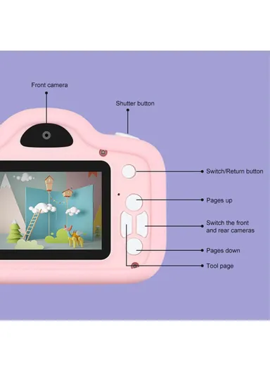 Cartoon Pig 2.0 inch Screen Kids Rechargeable HD Dual Lens Digital Camera Toy - Blue