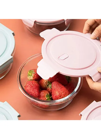 950ml Scratches &amp; Stains Resistant Borosilicate Round Glass Food Storage Container Suitable for Leftovers &amp; Meal Preps BX3001 (D17 x H7)cm - Blue