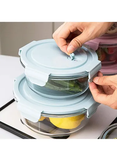 950ml Scratches &amp; Stains Resistant Borosilicate Round Glass Food Storage Container Suitable for Leftovers &amp; Meal Preps BX3001 (D17 x H7)cm - Blue