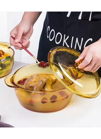 2.5L Durable &amp; Heat Resistant Glass Pot with Lid Compatible with Oven &amp; Microwave SJB-2500MIA-HP (D19 x H11.5)cm - Amber / Type A