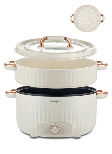 1350W 4.5L Multifunctional 2-Gear Non-Stick Electric Cooker With Heat Controle, Overheating Protection, Auto-Shut-Off Functions &amp; Tempered Glass Lid SF-1509- Beige