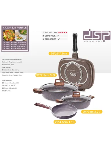 6Pcs 24/32cm Toughened Non-Stick Casserole with 20cm FryPan &amp; 36cm Double FryPan CA005-S26- Purple