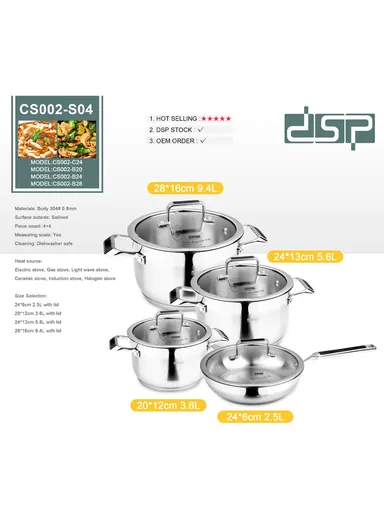 8Pcs 20/24/28cm Casseroles + 24cm FryPan Stainless Steel Cookware Set CS002-S04