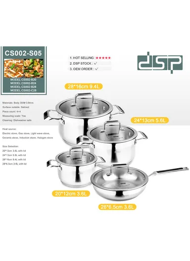 8Pcs 20/24/28cm Casseroles + 28cm FryPan Stainless Steel Cookware Set CS002-S05
