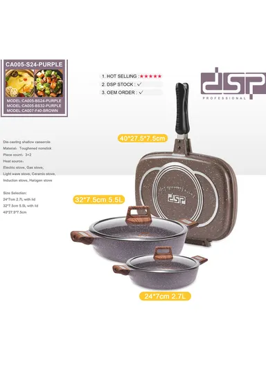 5Pcs 24/32cm Toughened Non-Stick Casserole with 40cm Double FryPan CA005-S24- Purple