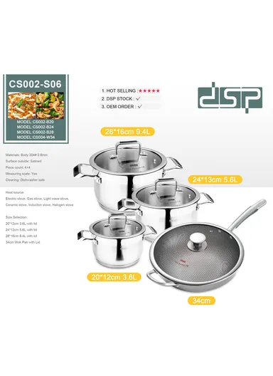 8Pcs 20/24/28cm Casseroles + 34cm WokPan Stainless Steel Cookware Set CS002-S06