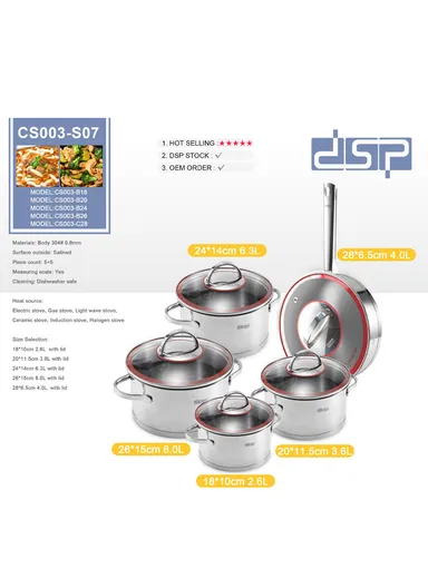10Pcs 18/20/24/26cm Casseroles + 28cm FryPan Stainless Steel Cookware Set CS003-S07