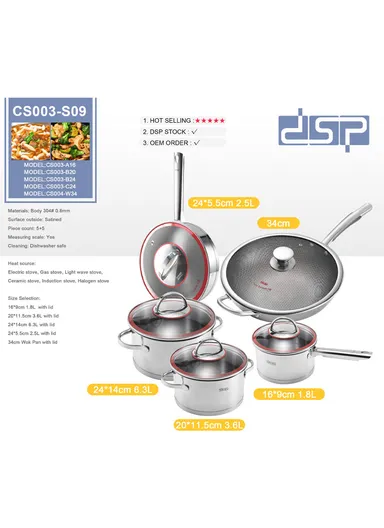 10Pcs 20/24cm Casseroles + 24cm FryPan + 16cm Saucepan + 34cm Wokpan Stainless Steel Cookware Set CS003-S09