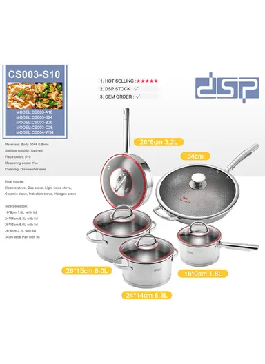 10Pcs 24/26cm Casseroles + 34cm WokPan + 16cm SaucePan + 26cm FryPan Stainless Steel Cookware Set CS003-S010