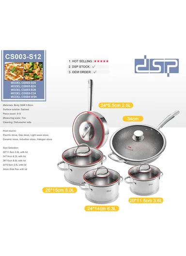 10Pcs 20/24/26cm Casseroles + 34cm WokPan + 24cm FryPan Stainless Steel Cookware Set CS003-S012