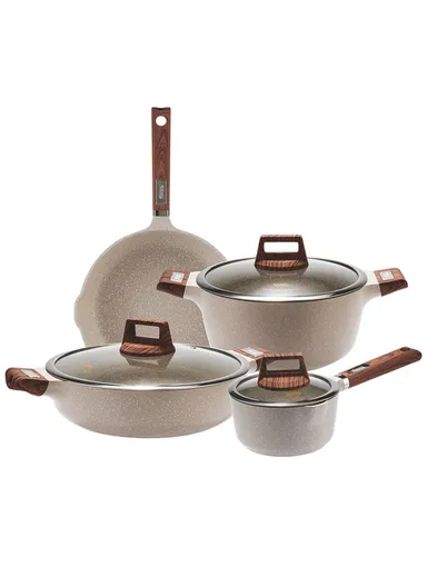 7 PCS Non-Stick 24/28cm Casserole with 16cm Sauce Pan, 28cm Fry Pan &amp; 3 Lids CA005-S02- Beige