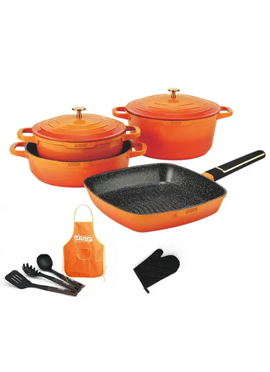 11 Pcs 24/28cm Casserole Cookware Set With 28cm Shallow Casserole, Square Plate, Spatula, Apron, Ladle, Glove, Pasta Server &amp; 2 Lids CA013-S01 - Orange