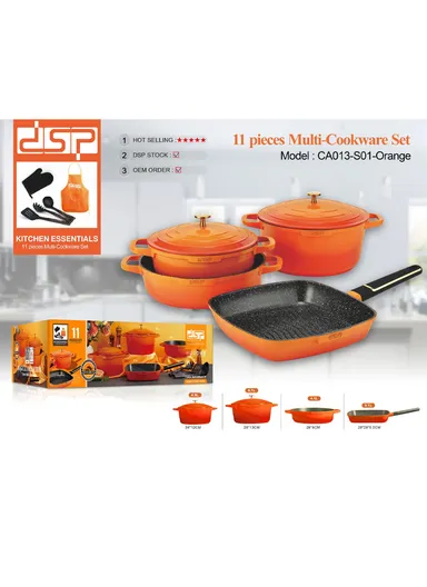 11 Pcs 24/28cm Casserole Cookware Set With 28cm Shallow Casserole, Square Plate, Spatula, Apron, Ladle, Glove, Pasta Server &amp; 2 Lids CA013-S01 - Orange