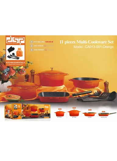 11 Pcs 24/28cm Casserole Cookware Set With 28cm Shallow Casserole, Square Plate, Spatula, Apron, Ladle, Glove, Pasta Server &amp; 2 Lids CA013-S01 - Orange