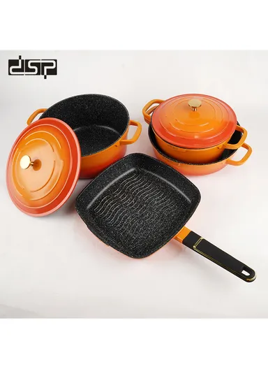 11 Pcs 24/28cm Casserole Cookware Set With 28cm Shallow Casserole, Square Plate, Spatula, Apron, Ladle, Glove, Pasta Server &amp; 2 Lids CA013-S01 - Orange