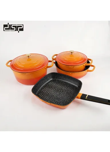 11 Pcs 24/28cm Casserole Cookware Set With 28cm Shallow Casserole, Square Plate, Spatula, Apron, Ladle, Glove, Pasta Server &amp; 2 Lids CA013-S01 - Orange