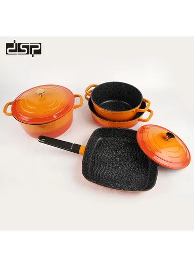 11 Pcs 24/28cm Casserole Cookware Set With 28cm Shallow Casserole, Square Plate, Spatula, Apron, Ladle, Glove, Pasta Server &amp; 2 Lids CA013-S01 - Orange