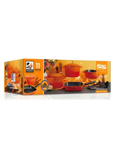 11 Pcs 24/28cm Casserole Cookware Set With 28cm Shallow Casserole, Square Plate, Spatula, Apron, Ladle, Glove, Pasta Server &amp; 2 Lids CA013-S01 - Orange