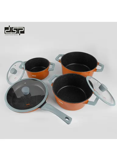 7Pcs 18/20/24cm Non-Stick Coating Casserole Cookware Set &amp; 24cm FryPan with 3 Glass Lids Suitable For All Electric Stove CA002-S02- Orange
