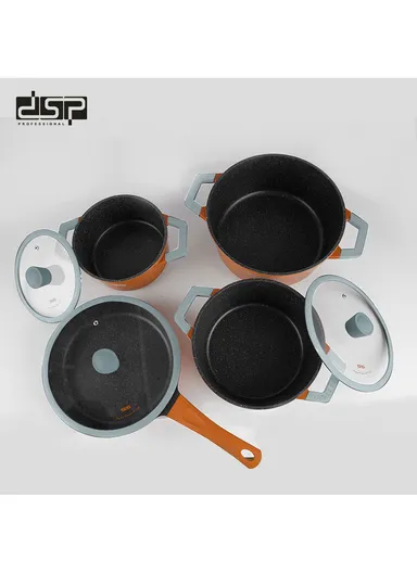 7Pcs 18/20/24cm Non-Stick Coating Casserole Cookware Set &amp; 24cm FryPan with 3 Glass Lids Suitable For All Electric Stove CA002-S02- Orange