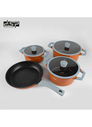 7Pcs 18/20/24cm Non-Stick Coating Casserole Cookware Set &amp; 24cm FryPan with 3 Glass Lids Suitable For All Electric Stove CA002-S02- Orange