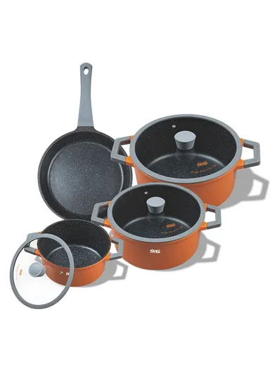 7Pcs 18/20/24cm Non-Stick Coating Casserole Cookware Set &amp; 24cm FryPan with 3 Glass Lids Suitable For All Electric Stove CA002-S02- Orange