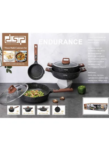 7 PCS Non-Stick 24/28cm Casserole with 16cm Sauce Pan, 28cm Fry Pan &amp; 3 Lids CA005-S02- Black
