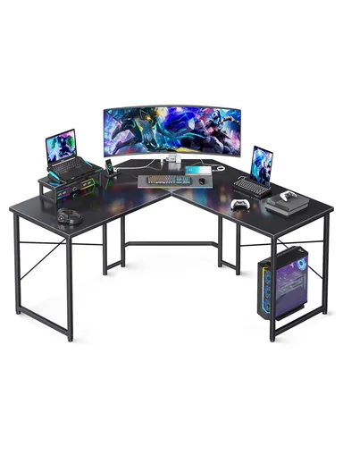 Corner Computer Gaming Desk MDF + Metal with Removable Monitor Stand (W130 x D48 x H76)cm - Carbon Fiber Black