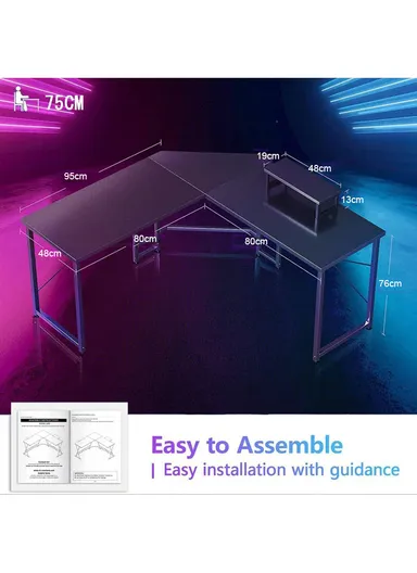 Corner Computer Gaming Desk MDF + Metal with Removable Monitor Stand (W130 x D48 x H76)cm - Carbon Fiber Black