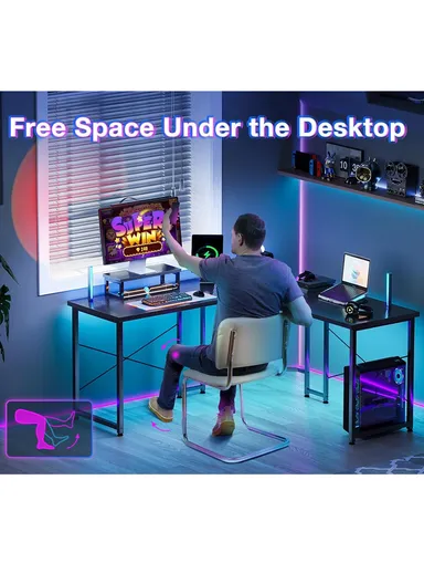 Corner Computer Gaming Desk MDF + Metal with Removable Monitor Stand (W130 x D48 x H76)cm - Carbon Fiber Black