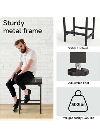 Rectangle PU + Metal seat stool with High-Density Foam Cushion, Durable Metal Frame &amp; Space-Saving Design (W47 x D33 x H60)cm