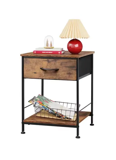 1-Drawer Non-Woven Fabric Nightstand with Open Storage Shelf &amp; Sturdy Metal Frame (W38 x D30 x H63)cm - Tiger Grain