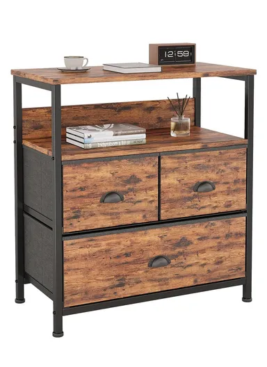 2-Layer 3-Drawer Non-Woven Fabric Storage Cabinet with Open Shelf, Display Stand End Table (W58 x D30 x H63)cm 3D001 - Tiger Grain