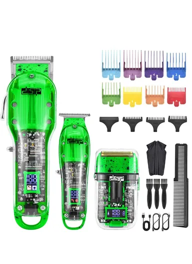 Rechargeable Professional Grooming Barber Kit Set, Hair Clipper, Trimmer &amp; Shaver with LED Display, Guide Comb &amp; Plug-and-Play Feature 80105 - Green