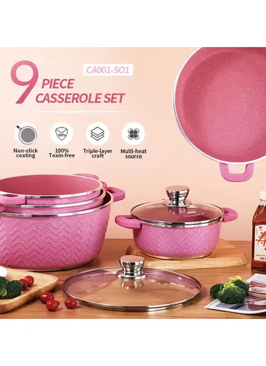 9 PCS 20/24/28/32cm Non-Stick Toughened Casserole Set With 28cm Pot &amp; Glass Lids CA001-S01 - Tulip Pink