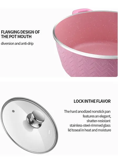 9 PCS 20/24/28/32cm Non-Stick Toughened Casserole Set With 28cm Pot &amp; Glass Lids CA001-S01 - Tulip Pink