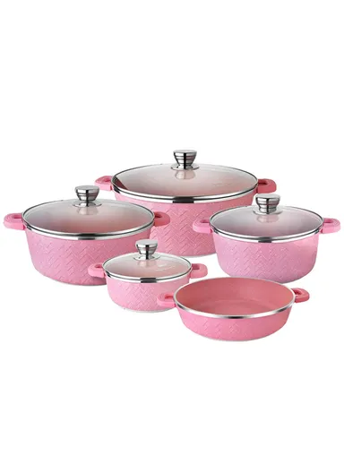 9 PCS 20/24/28/32cm Non-Stick Toughened Casserole Set With 28cm Pot &amp; Glass Lids CA001-S01 - Tulip Pink
